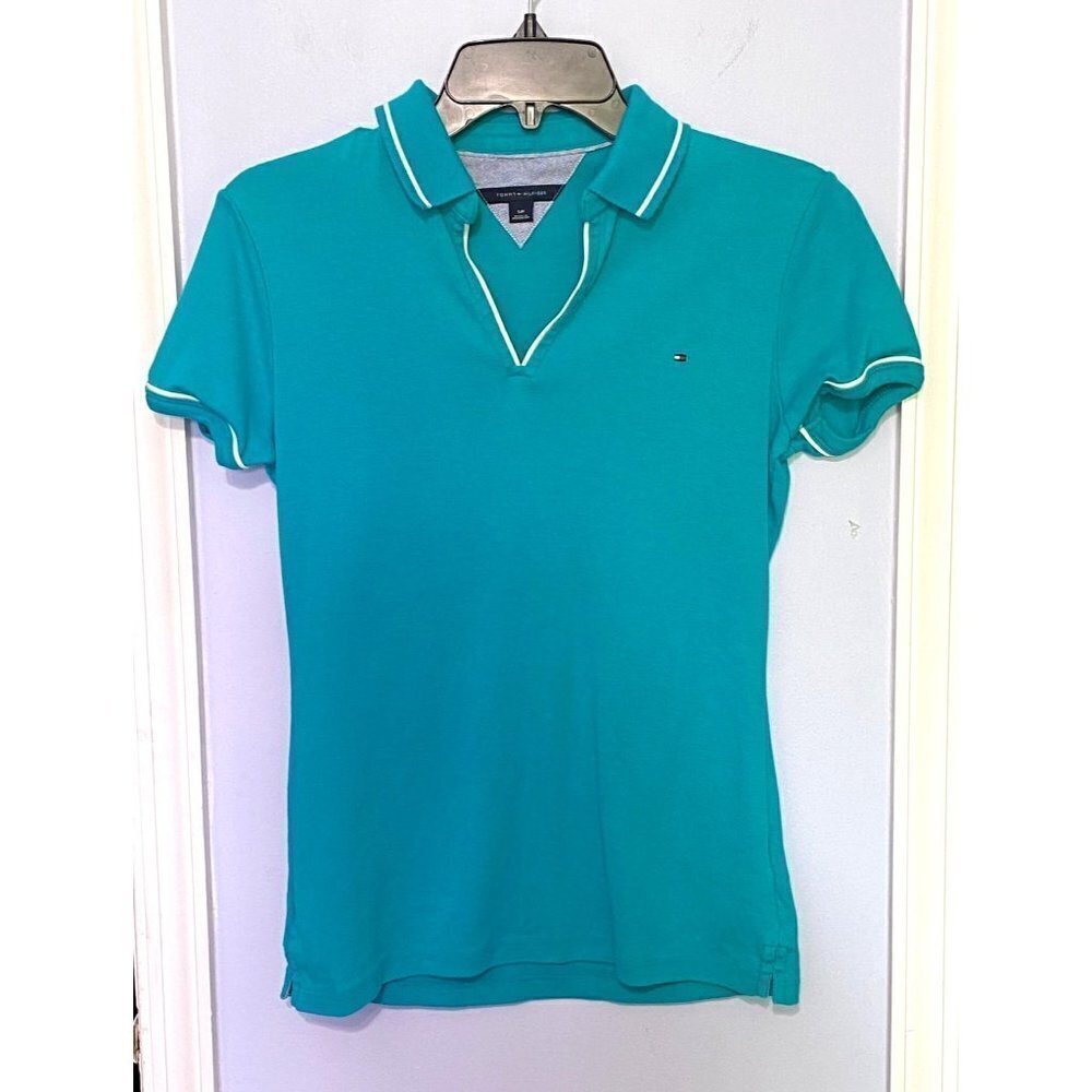 Tommy Hilfiger Women's Collared V-Neck Short Sleeve Polo Top Teal Size Small‎